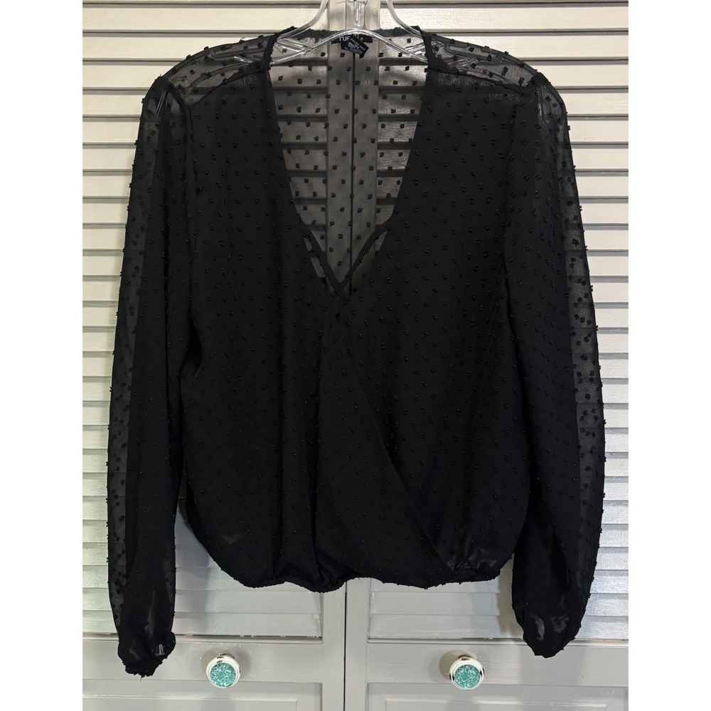 Rue 21 Black Sheer Chiffon Faux Wrap Long Sleeve Blouse Size L Lined Elastic Hem